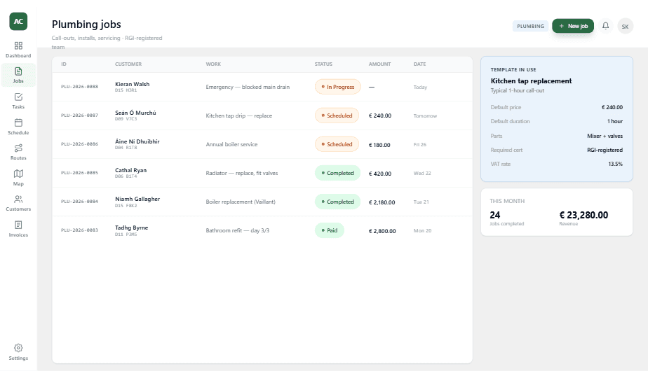 Plumbers dashboard - job overview