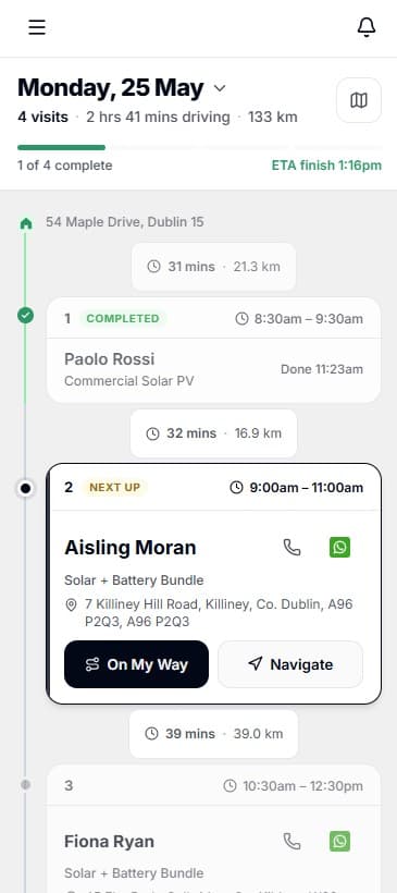 Field staff app - my day view with route and job actions