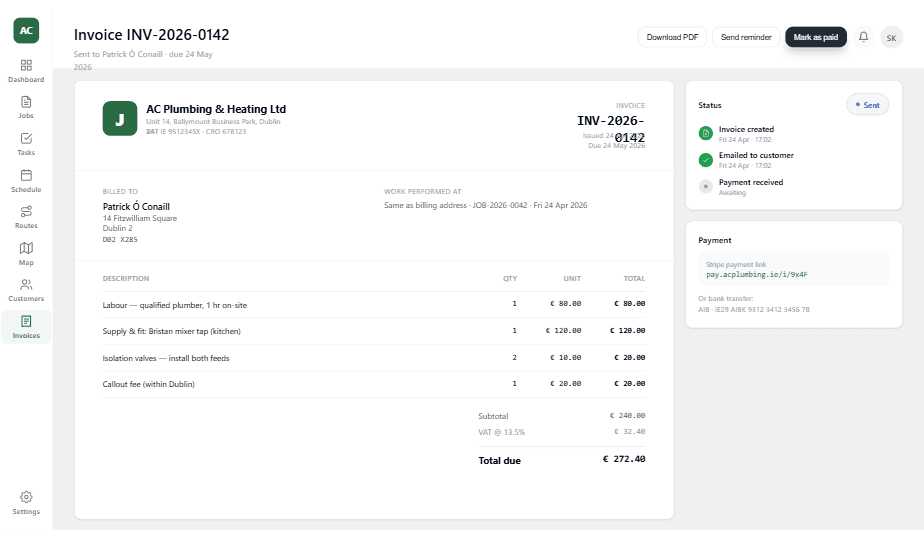 Invoice builder - professional invoice with Irish VAT