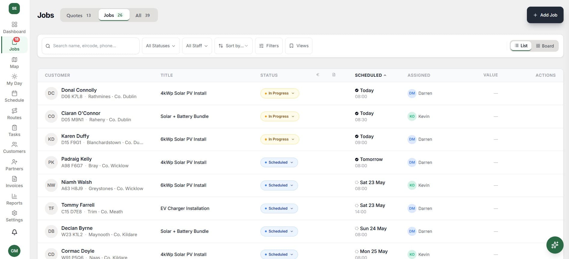 Job scheduler - weekly calendar with team assignments and board view