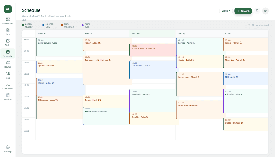 Job scheduler - weekly calendar with team assignments and board view