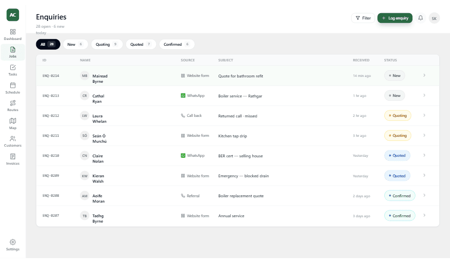 Lead capture dashboard - enquiry list with status filters