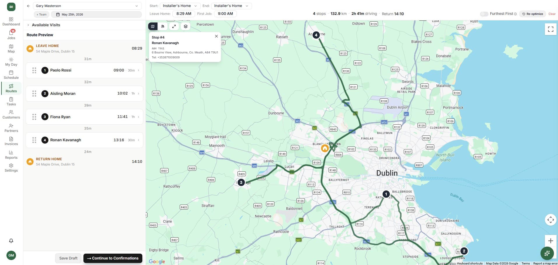 Route planner - map view with optimised daily route and confirmations
