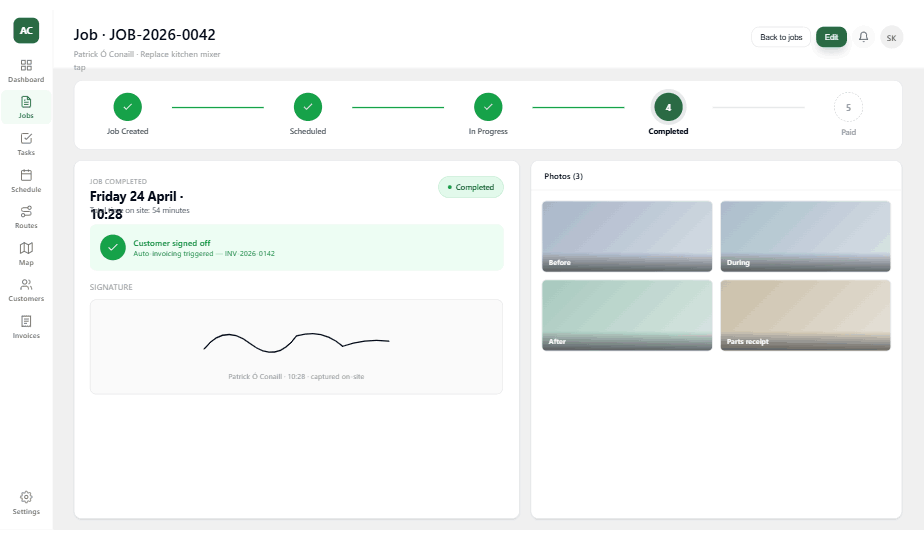 Job completed - completion screen with photos and deliverables