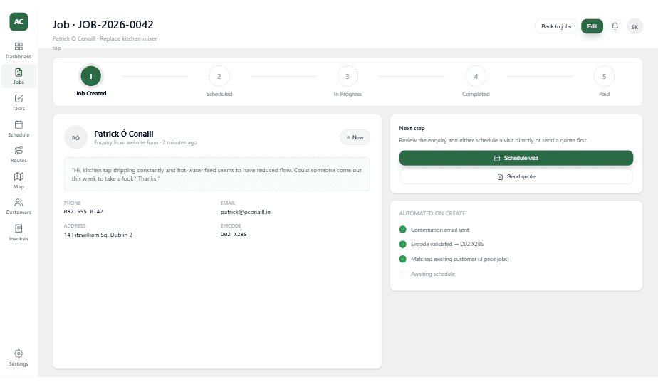 Job creation - new job form with customer and property details