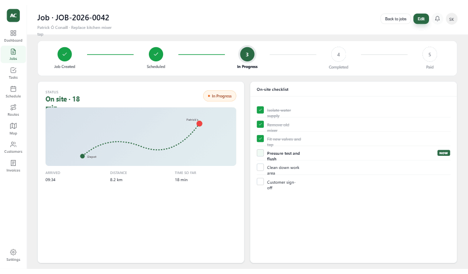 Job in progress - mobile view with status updates and photos