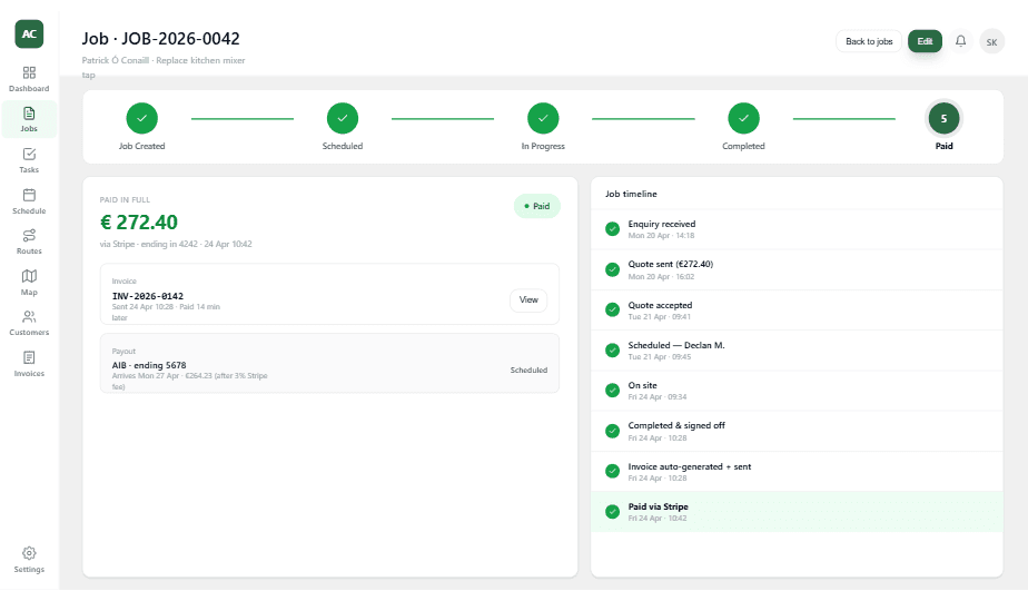 Invoice sent - invoice with payment status and Stripe link