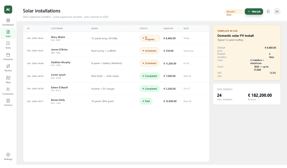 SEAI Contractors dashboard - job overview