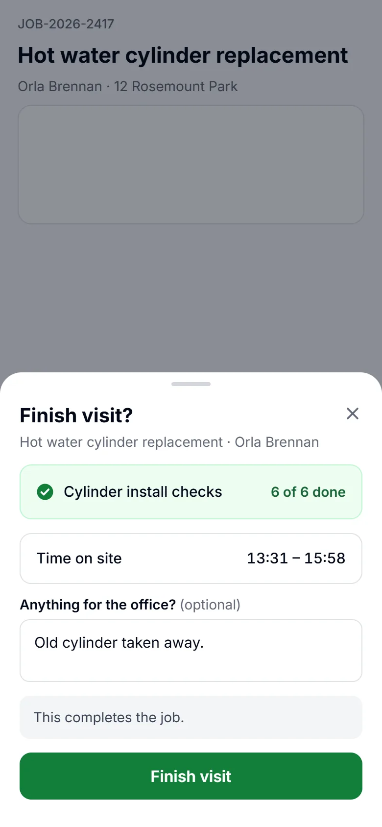 Field app Finish visit sheet with the checklist, time on site and a note for the office