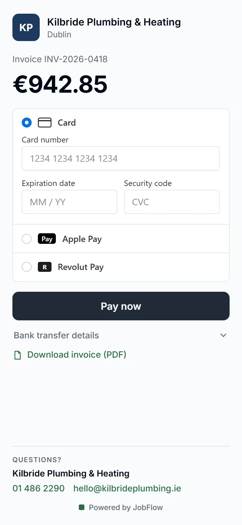 Customer payment page for the balance due, with card, Apple Pay and Revolut Pay