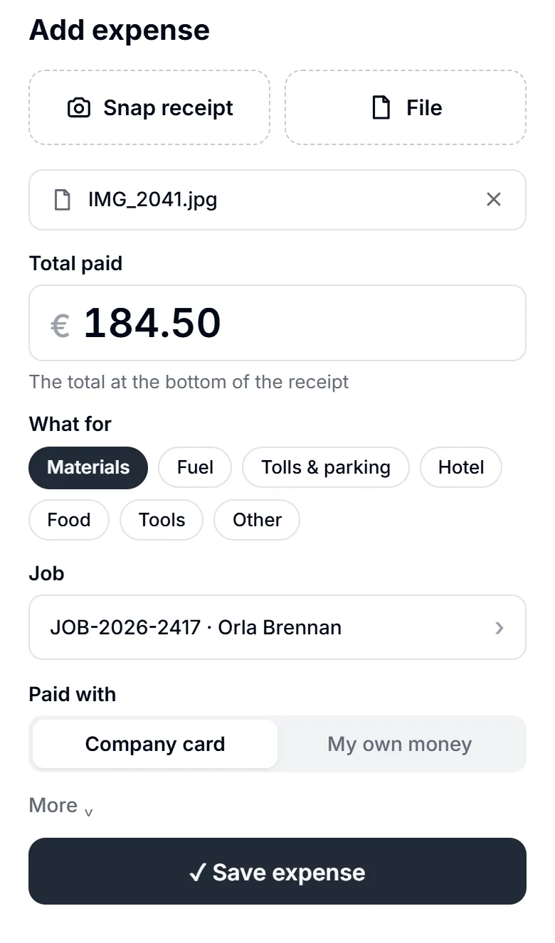 Adding an expense on the phone with a receipt photo, the amount and what it was for
