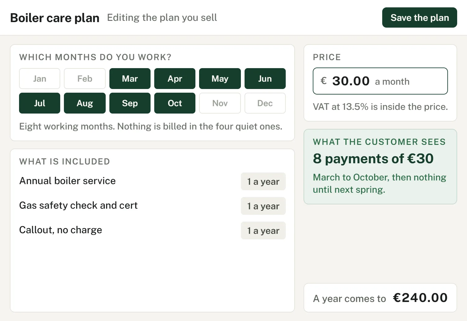 Care Plan editor with seasonal months selected and live billing preview