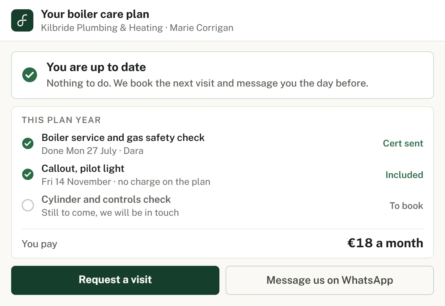 Customer plan page showing visits completed and still to come