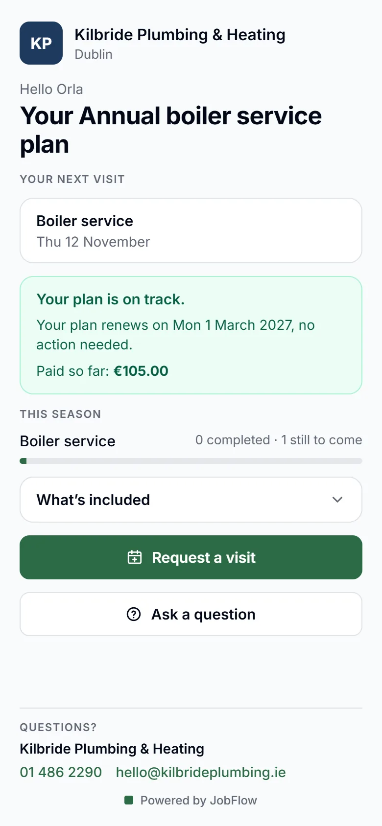 Customer plan page with the next visit, what has been paid and a Request a visit button