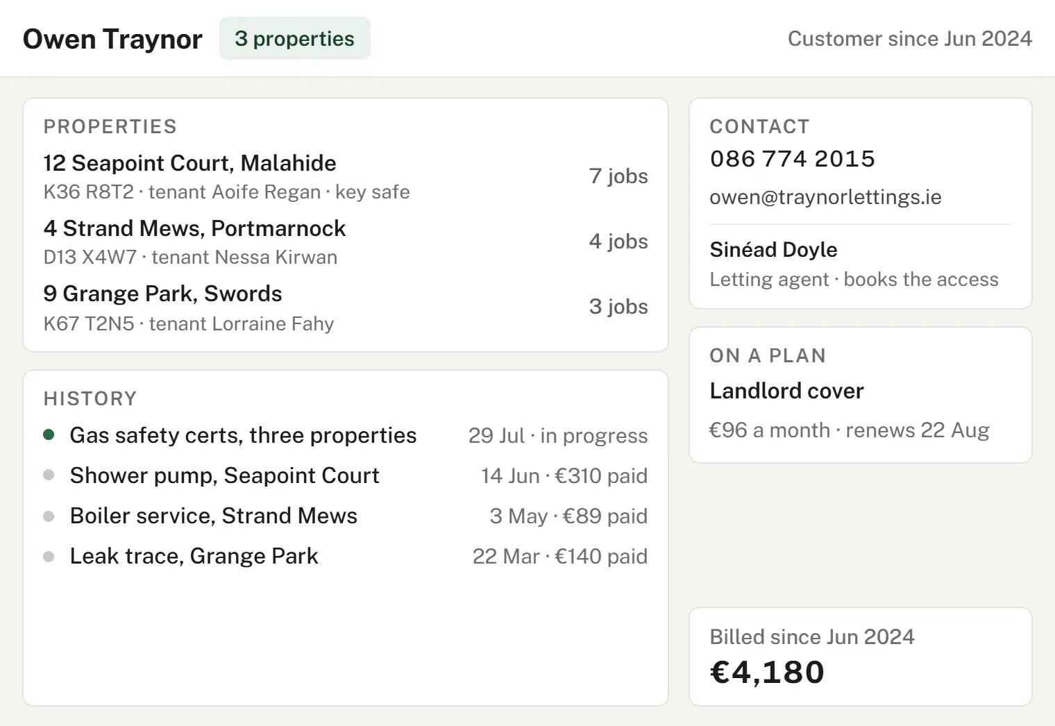 Customer profile with contacts, property details and job history