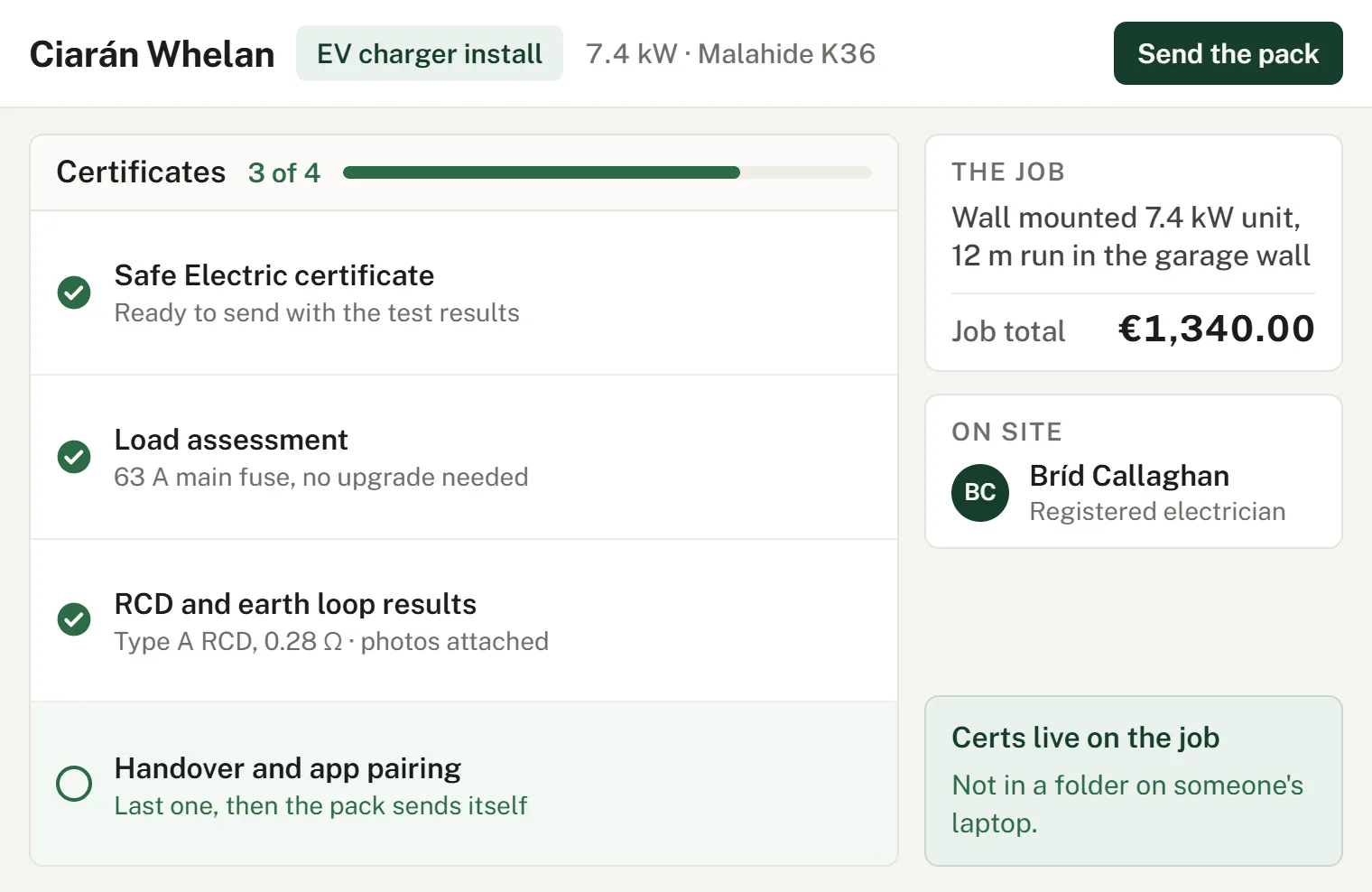 Electrical job with an EV-charger job type and its certificate checklist
