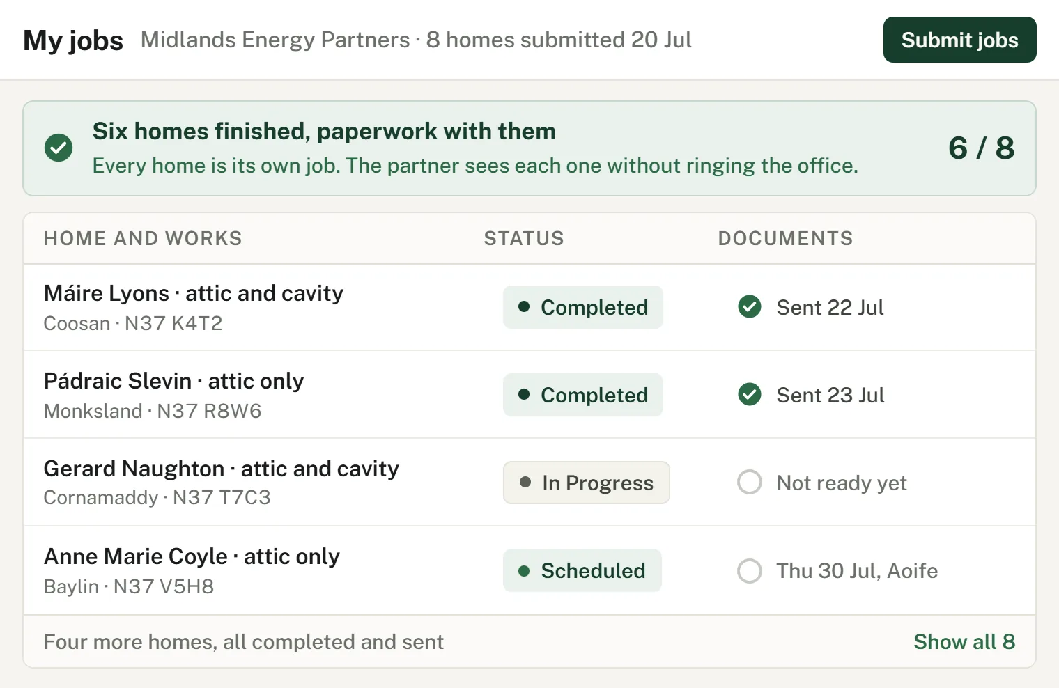 Energy upgrade batch with homeowner declarations tracked per home