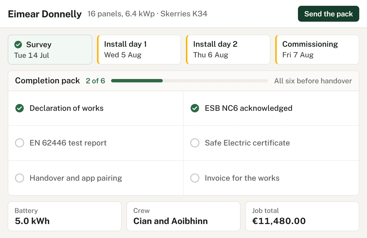 Solar install job with survey, install and commissioning visits and tracked certificates