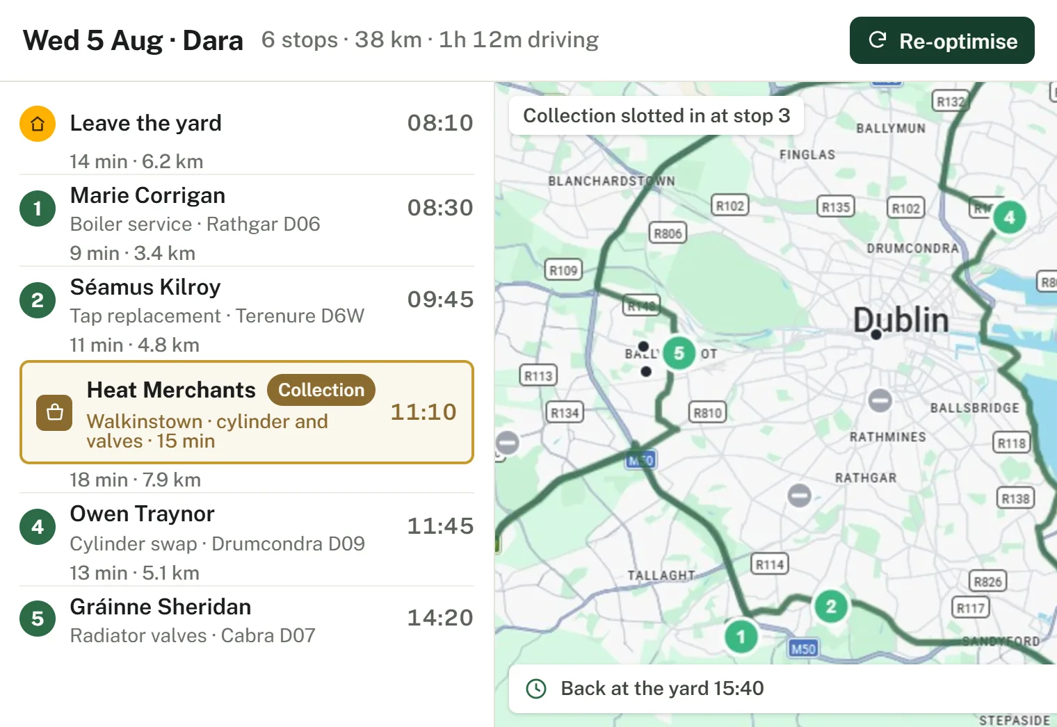 Route planner showing an optimised day of stops with drive times, a supplier collection waypoint and lunch break