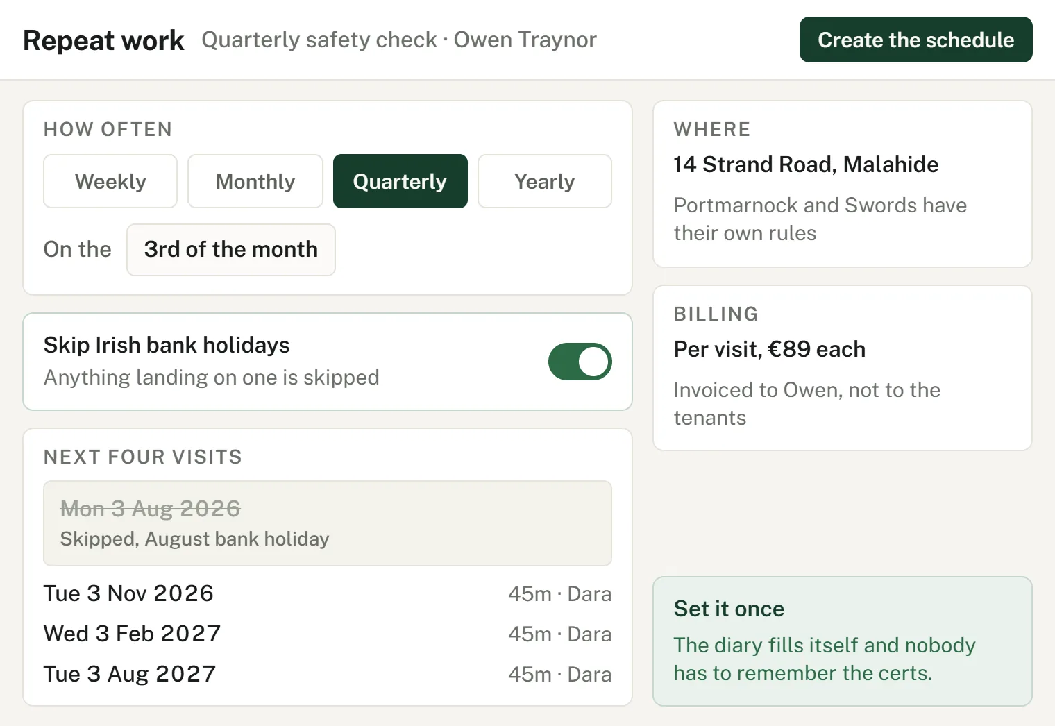 Recurring job schedule with frequency and bank-holiday handling