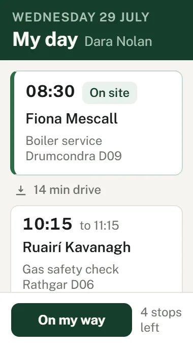 Field app My Day view with the day's route, arrival times and job actions