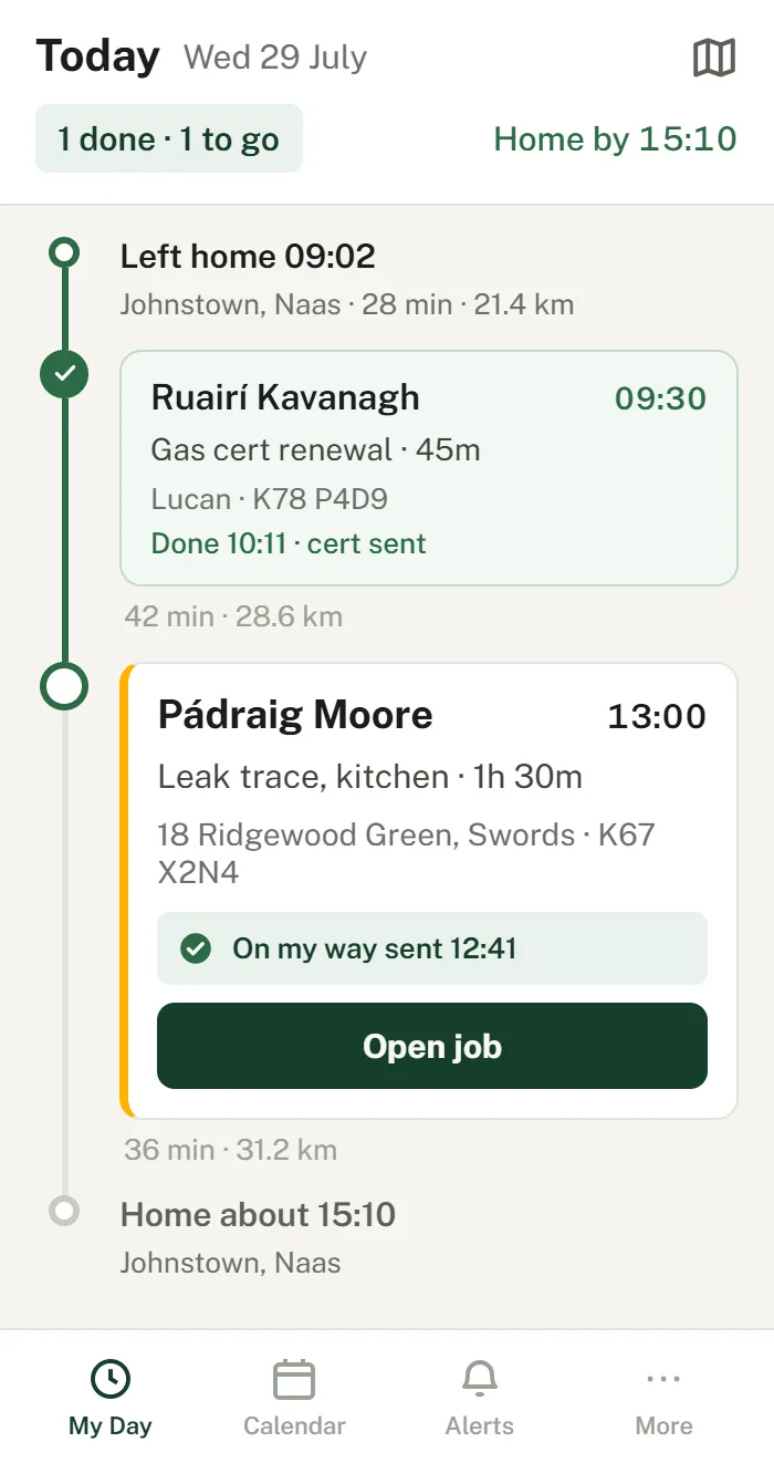Field app My Day view with the day's route, arrival times and job actions