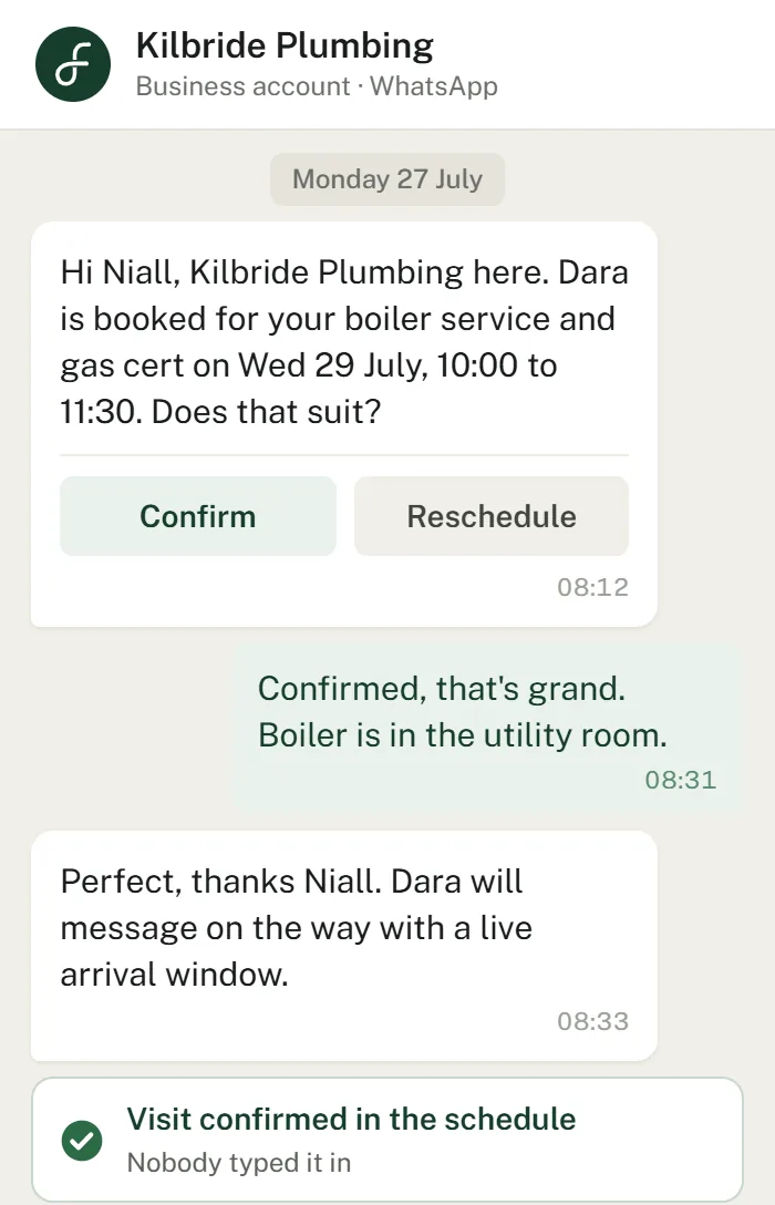 WhatsApp booking confirmation with one-tap Confirm and Reschedule buttons