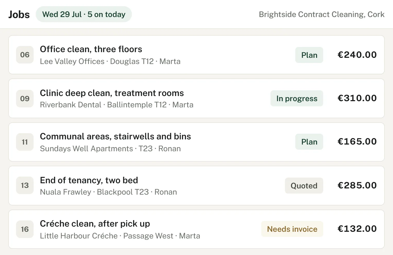 Cleaning contracts and rounds scheduled and tracked in JobFlow