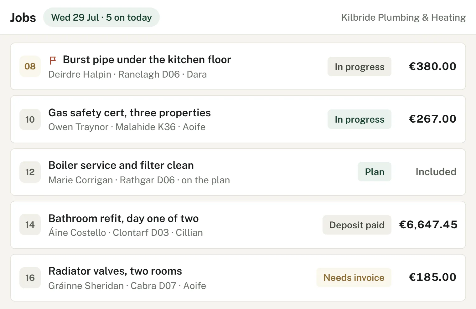 Plumbing call-outs scheduled and tracked in JobFlow