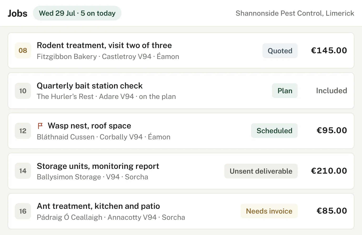 Pest control treatments scheduled and tracked in JobFlow