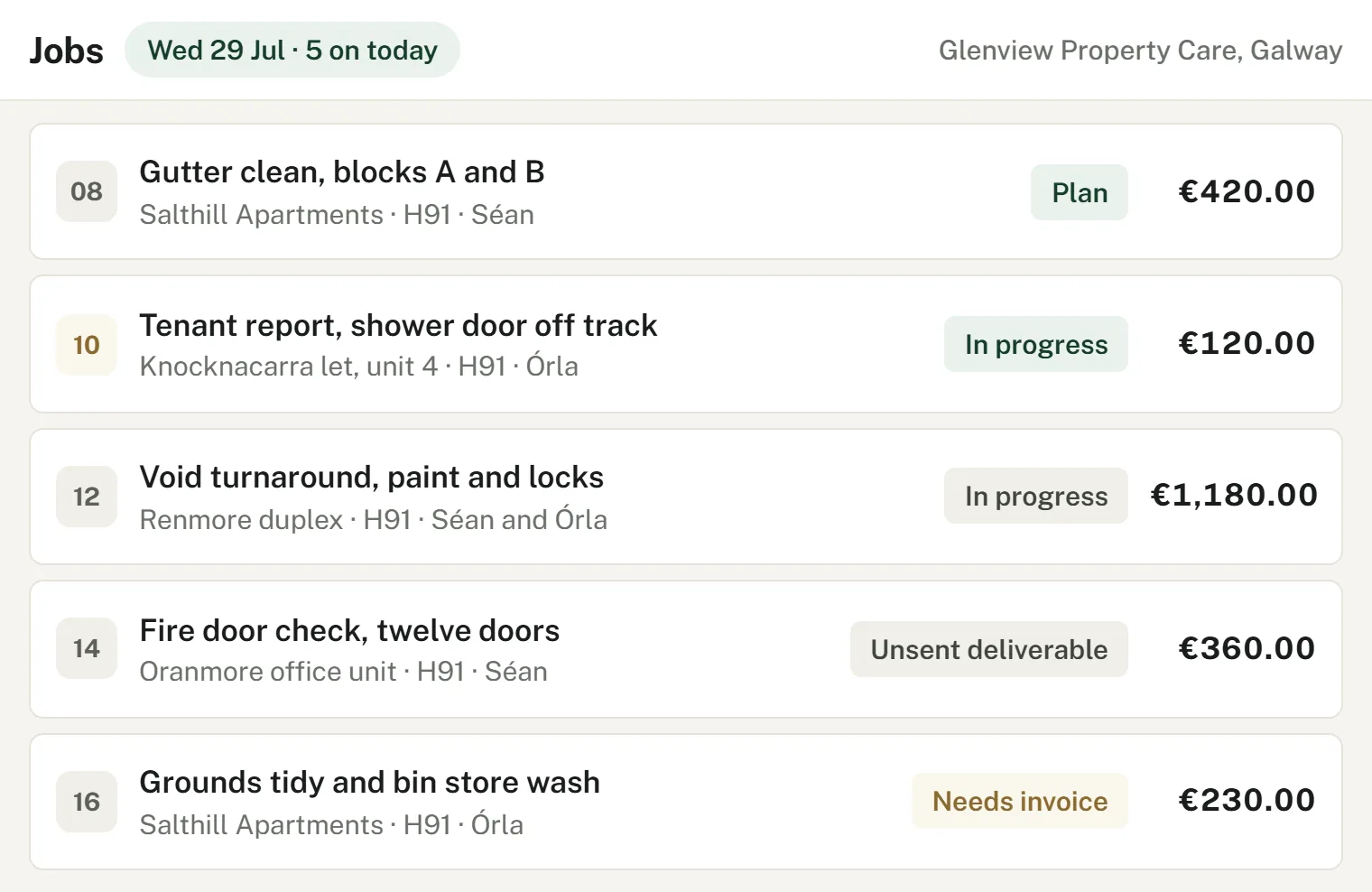 Property maintenance work across managed sites scheduled and tracked in JobFlow