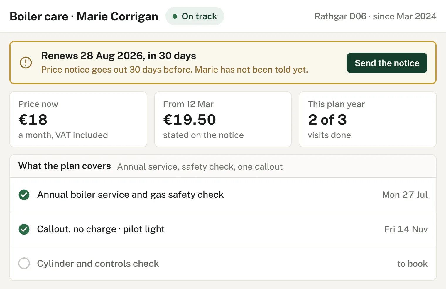 Annual boiler service plan with renewal reminder and price stated
