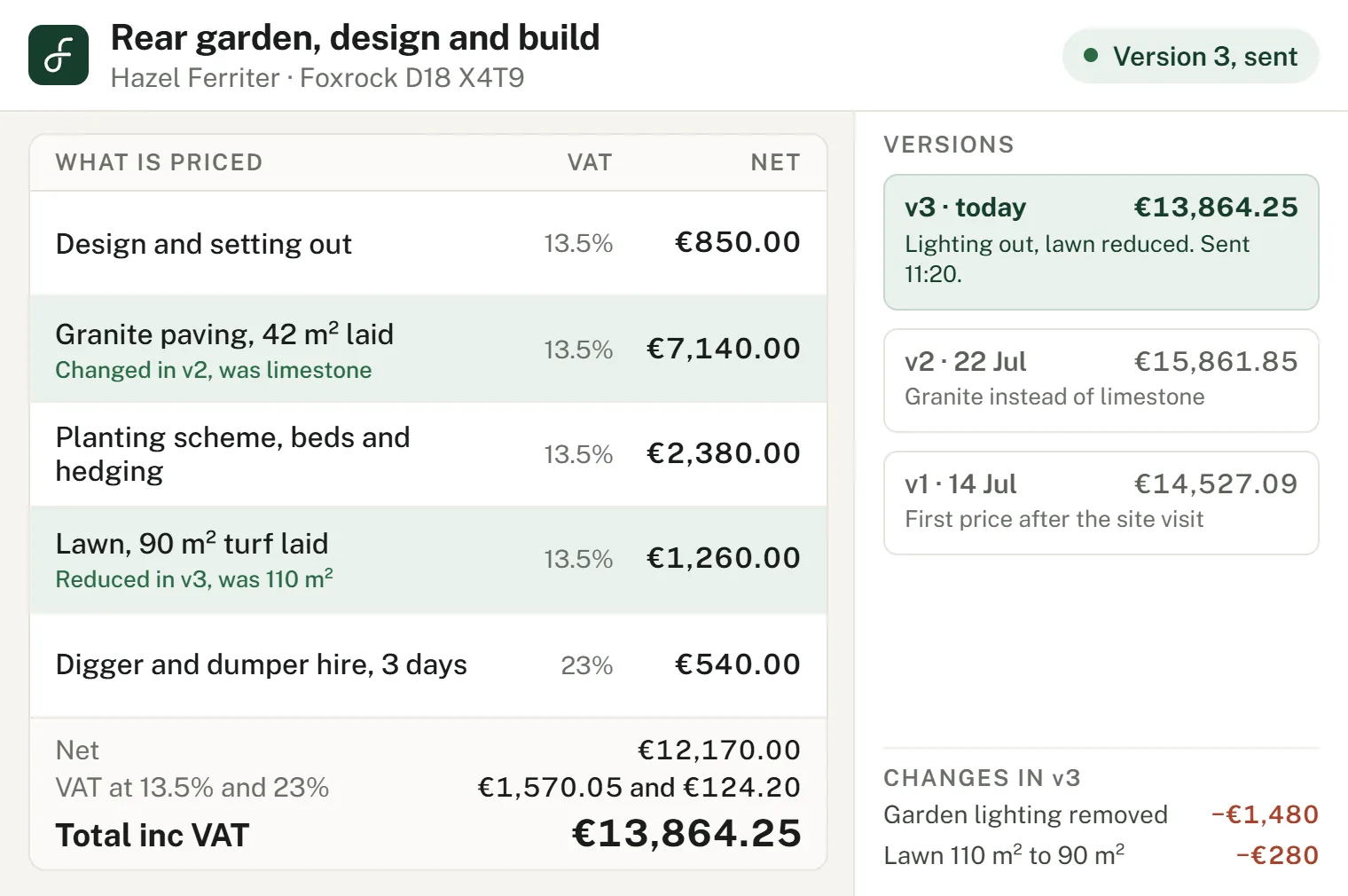 Landscaping quote priced line by line, with every earlier version kept on file