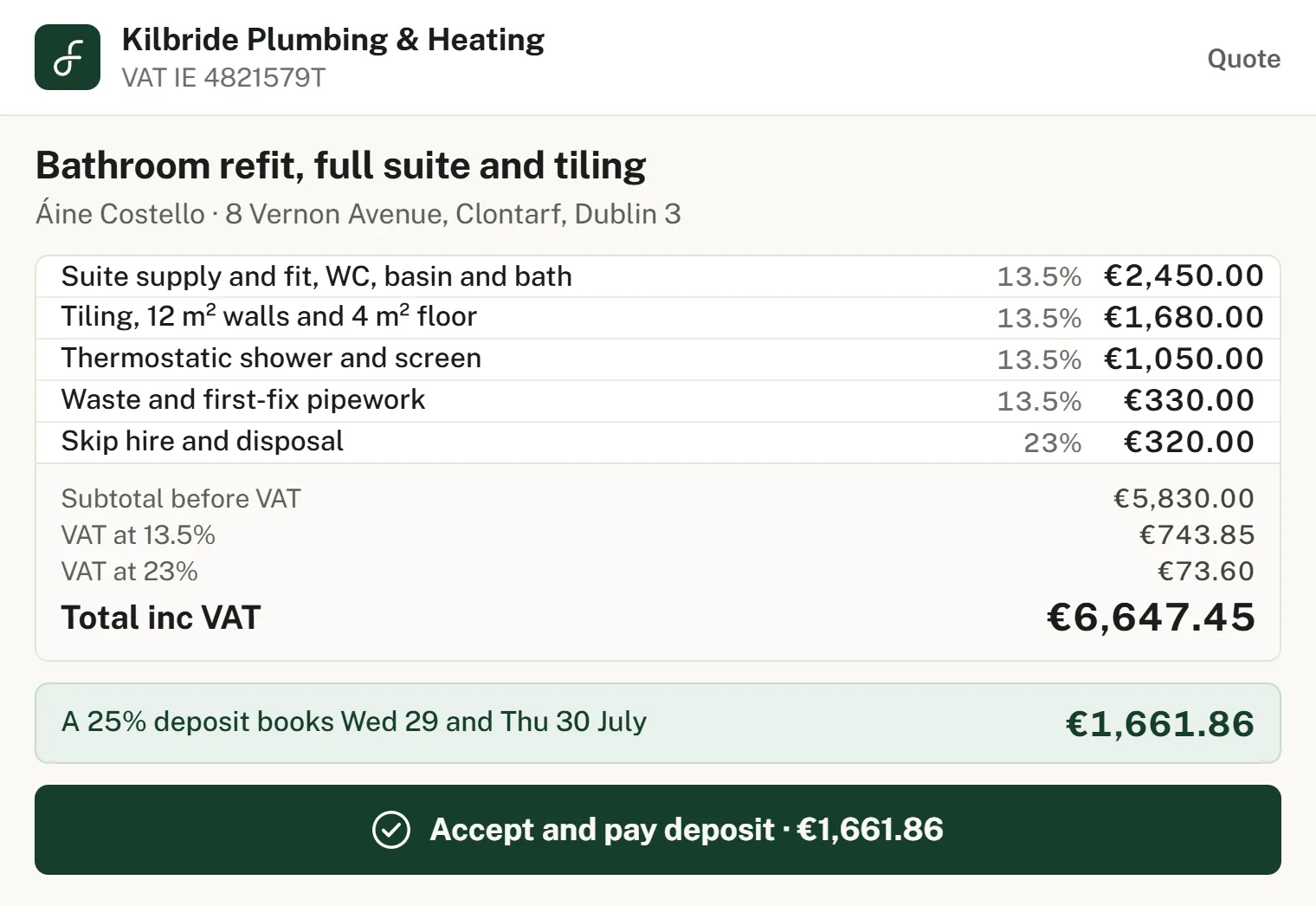 Customer view of a branded quote with online acceptance and deposit payment button